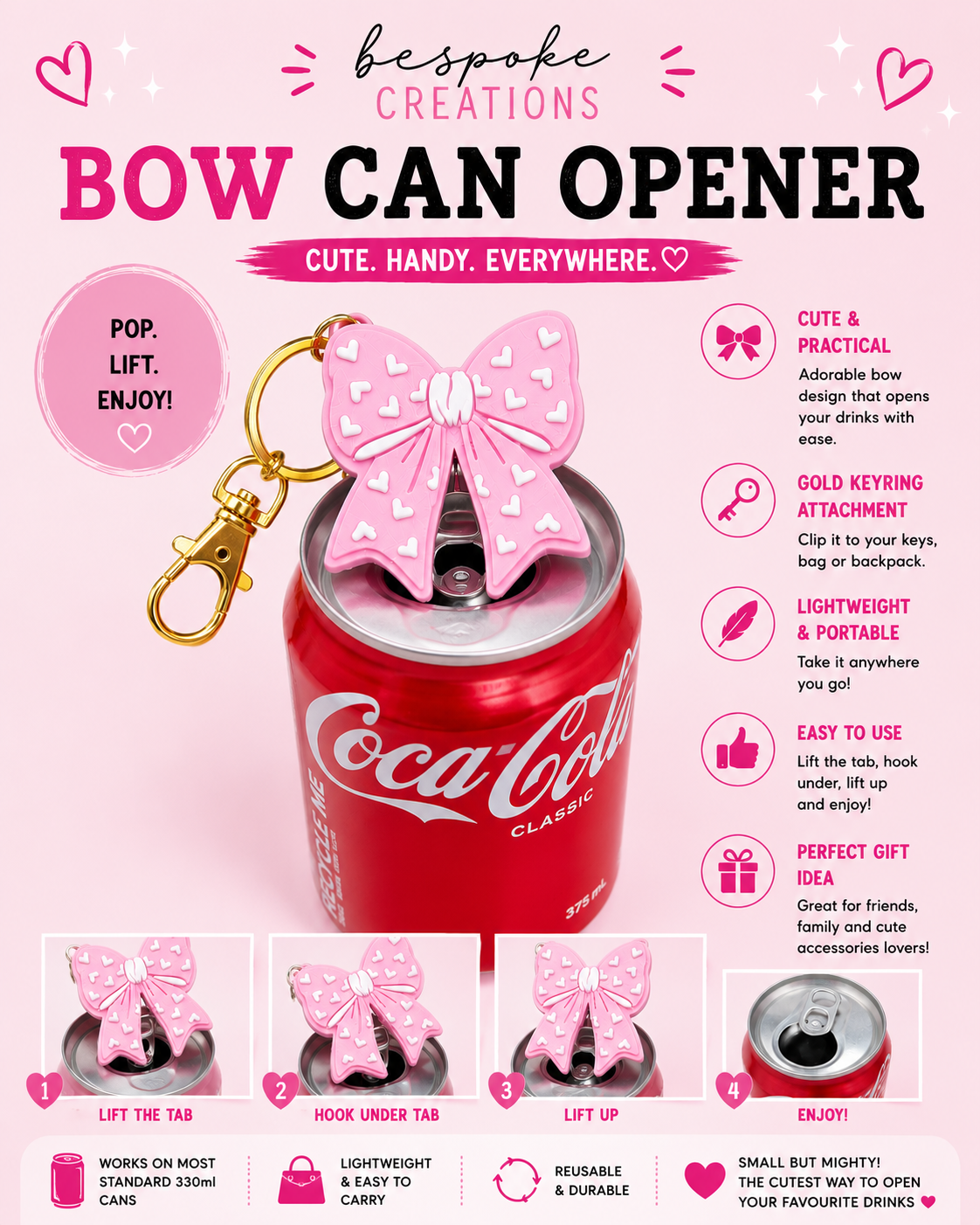 Pink Bow Can Opener Keyring | Cute Portable Drinks Tab Opener